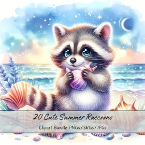 Bundle de cliparts mignons ratons laveurs d'été, aquarelle raton laveur Clip Art Images, fichiers animaux de haute qualité, graphiques numériques animaux amusants, téléchargement