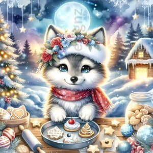 May include: A charming illustration of a fluffy husky puppy wearing a Santa hat and a red scarf, surrounded by a winter wonderland scene. The puppy is baking cookies, with a tray of decorated treats and Christmas ornaments.