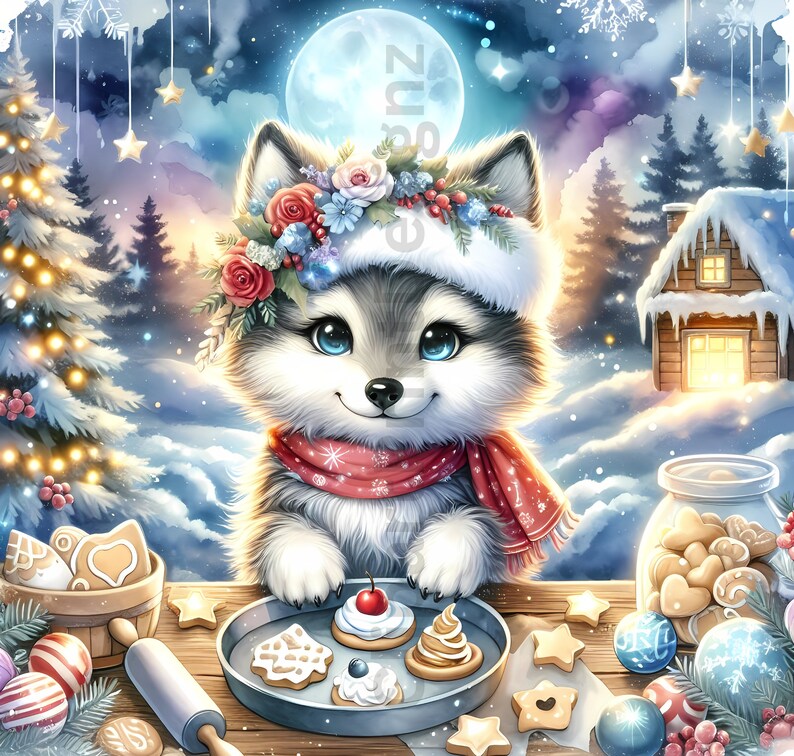 May include: A charming illustration of a fluffy husky puppy wearing a Santa hat and a red scarf, surrounded by a winter wonderland scene. The puppy is baking cookies, with a tray of decorated treats and Christmas ornaments.