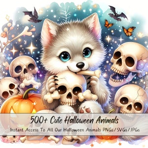 Más de 500 imágenes prediseñadas de animales de Halloween adorables, paquete de animales adorables, imágenes prediseñadas de acuarela, archivos de criaturas de alta calidad, imágenes digitales,