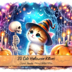 Lot de cliparts mignons chatons d'Halloween, images clipart chatons aquarelles, chat, chats, animaux de haute qualité effrayants, animal numérique amusant, automne