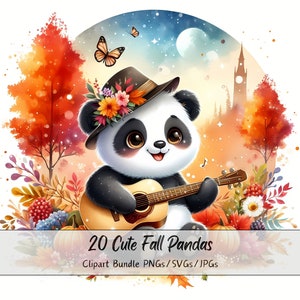 Pacchetto di clipart di panda autunnali carini, immagini clipart di panda acquerello, file di animali di alta qualità, divertente grafica digitale di animali, autunno