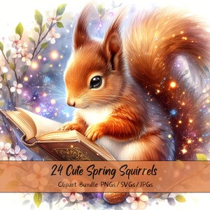 Süßes Frühlings-Eichhörnchen-Clipart-Bundle, Aquarell-ClipArt-Bilder, 24 hochwertige PNGs/SVGs/JPGs, digitales Papierhandwerk, Kartenherstellung