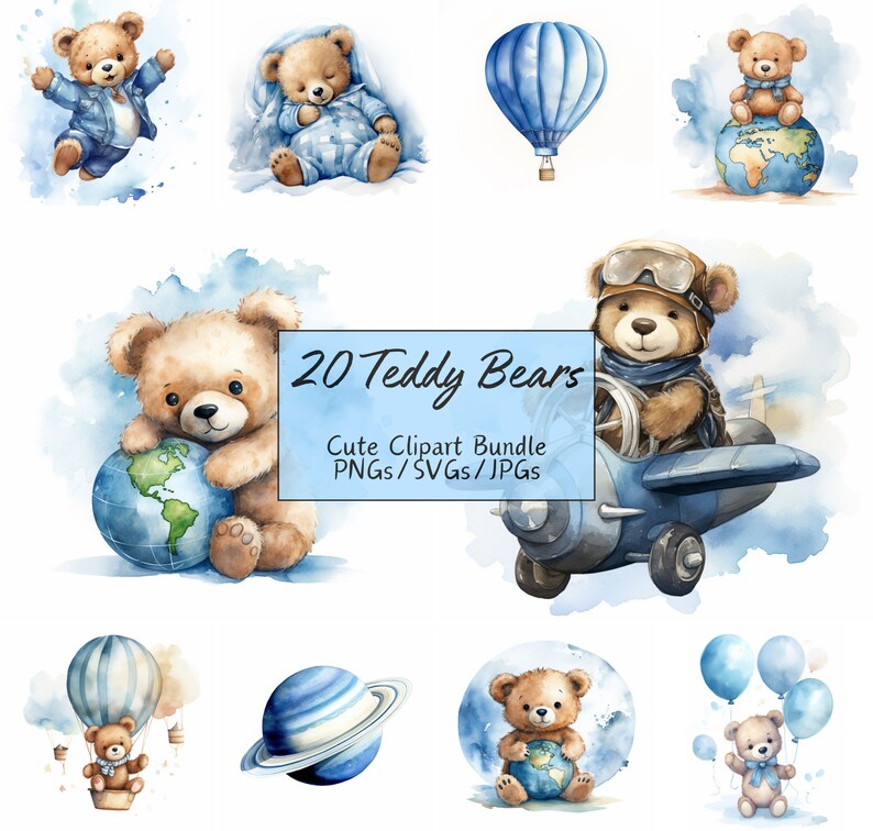 May include: A set of 20 watercolor illustrations of teddy bears in various poses and settings. The bears are holding globes, flying in airplanes, riding in hot air balloons, and sleeping. The illustrations are in a blue and white color scheme.