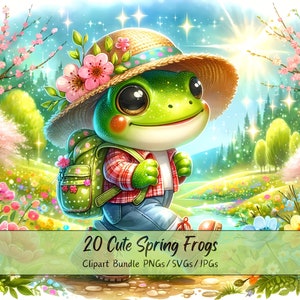 Lot de cliparts mignons grenouilles printanières, Images clipart aquarelle, 20 fichiers PNG/SVG/JPG de haute qualité, créations numériques en papier, fabrication de cartes, sublimation