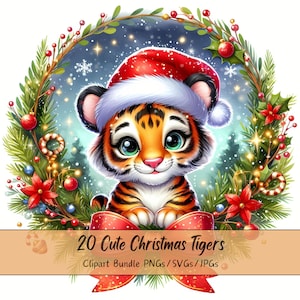 Lindo paquete de imágenes prediseñadas de tigres navideños, imágenes prediseñadas de tigres navideños, archivos de animales de acuarela de alta calidad, gráficos festivos de animales de invierno