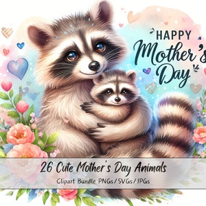 Bundle de clipart animaux mignon heureuse fête des mères, images clipart aquarelle festives, 26 fichiers PNG/SVG/JPG de haute qualité, 300 dpi, fabrication de cartes