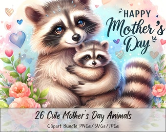 May include: A mother raccoon and her baby raccoon are hugging each other. They are surrounded by pink and blue watercolor hearts and flowers. The text "HAPPY Mother's Day" is written in blue above them. The text "26 Cute Mother's Day Animals Clipart Bundle PNGs/SVGs/JPGs" is written below them.