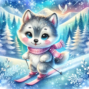 May include: A cute cartoon husky puppy skiing down a snowy slope. The puppy has blue eyes, a pink scarf, and pink skis. The background features snow-covered trees, mountains, and a starry sky.