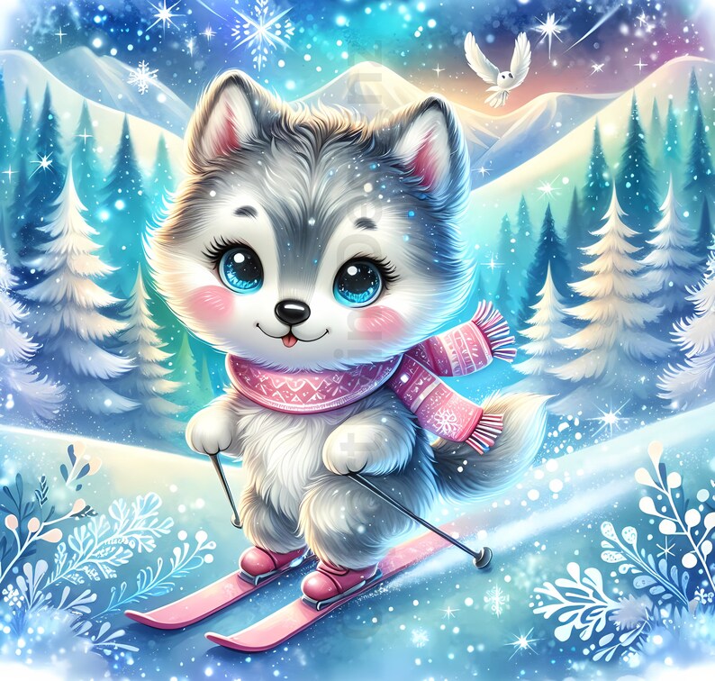 May include: A cute cartoon husky puppy skiing down a snowy slope. The puppy has blue eyes, a pink scarf, and pink skis. The background features snow-covered trees, mountains, and a starry sky.