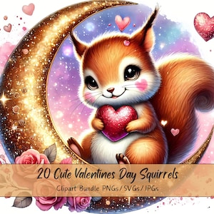 Lindo paquete de imágenes prediseñadas de ardillas del Día de San Valentín, imágenes prediseñadas de ardillas de San Valentín, archivo de acuarela de alta calidad, gráficos divertidos de animales festivos