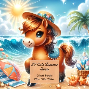 Lindo paquete de imágenes prediseñadas de caballos de verano, imágenes prediseñadas de caballos de acuarela, archivos de animales de alta calidad, gráficos de animales digitales, descarga única