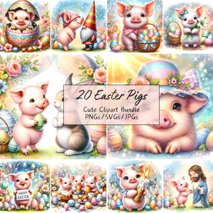 Mignon Pâques cochons Clipart, Images animaux aquarelles drôles, lot de haute qualité, téléchargement numérique, 20 fichiers d'art numérique