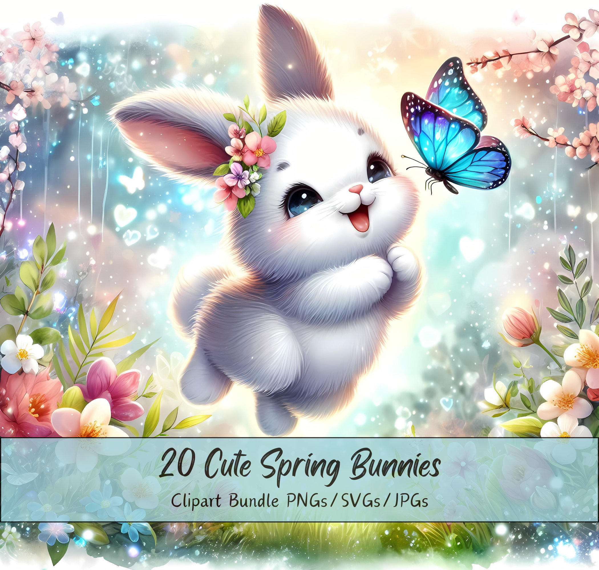 Cute Spring Bunny Clipart Bundle, Watercolor Clip Art Images, 20 High ...