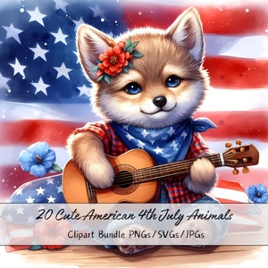 Lindo paquete de imágenes prediseñadas de animales americanos del 4 de julio, animales de archivos patrióticos de acuarela, imágenes prediseñadas de alta calidad, descarga del Día de la Independencia