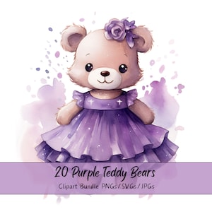 Purple Watercolor Teddy Bear Clipart, 20, PNGs/JPGs/SVGs, Cute Baby Shower Clipart, Commercial Use, Digital Download, Aeroplane, Balloons