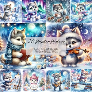 Süßes Winterwolf-Clipart-Bundle, festliche Aquarell-ClipArt-Bilder, 20 hochwertige PNGs/SVGs/JPGs, digitales Papierhandwerk, Junk Journal