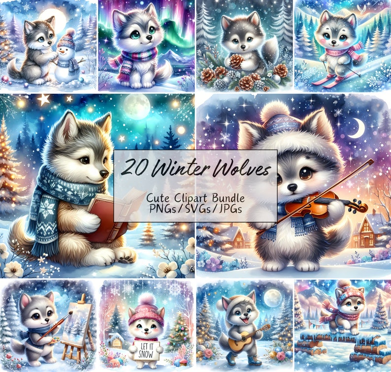 May include: A collection of watercolor illustrations featuring adorable cartoon wolves in winter scenes. The images include wolves with scarves, playing musical instruments, and interacting with snow. Text on the image reads "20 Winter Wolves Cute Clipart Bundle PNGs/SVGs/JPGs."