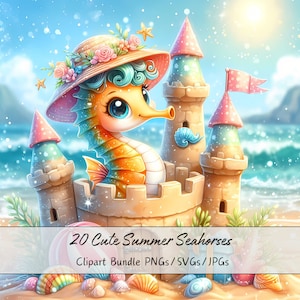 Lindo paquete de imágenes prediseñadas de caballitos de mar de verano, imágenes prediseñadas de caballitos de mar de acuarela, archivos de animales de alta calidad, descarga de gráficos de animales digitales