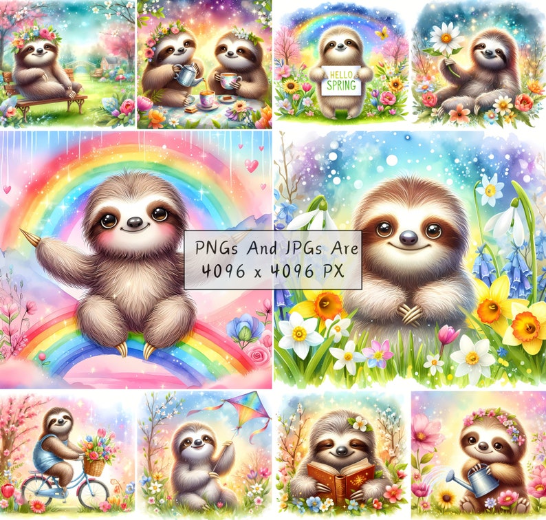 Sloth Spring Background Cute Spring Sloths Clipart Bundle, Watercolor Clip Art Images, High ...