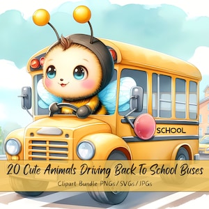 Paquete de imágenes prediseñadas de animales lindos que conducen de regreso a los autobuses escolares, imágenes de imágenes prediseñadas de animales de acuarela, archivos de alta calidad, gráficos digitales para profesores