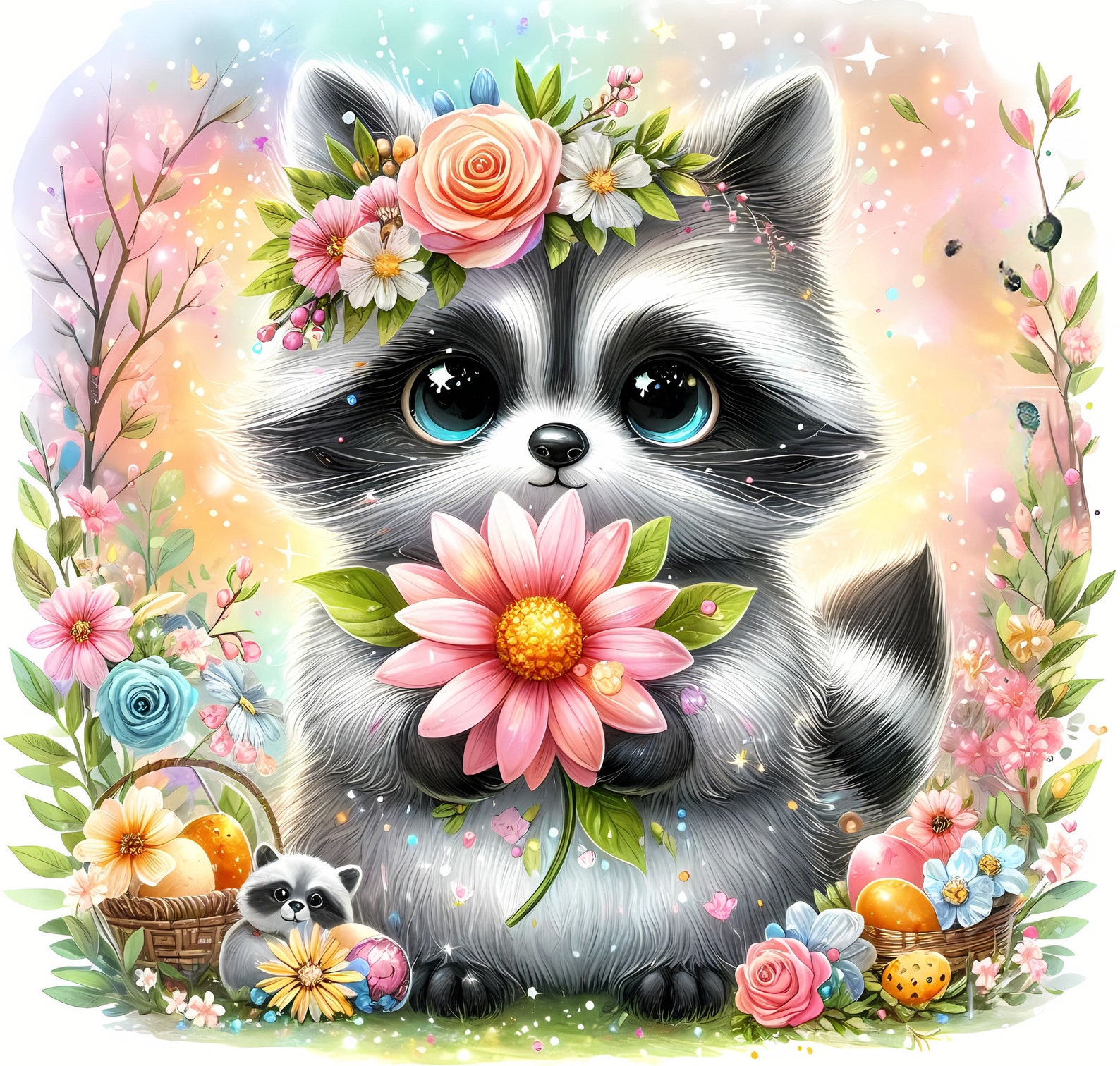 Spring Raccoon Pattern Cute Spring Raccoons Clipart Bundle, Watercolor Clip Art Images, 20 ...