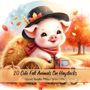 Lindos animales de otoño en pajares paquete de imágenes prediseñadas, imágenes de imágenes prediseñadas de animales de acuarela, heno de alta calidad, descarga digital de otoño, archivos adorables