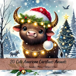 Lindo paquete de imágenes prediseñadas de animales navideños estadounidenses, escena de bosque navideño estadounidense, imágenes prediseñadas de criaturas, animales de invierno con gráficos de acuarela, s