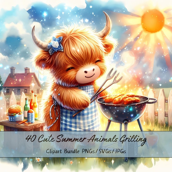 Cute Summer Animals Grilling Clipart Bundle, Watercolor Grill Clip Art Images, Unique High Quality Files, Digital Animal Graphics Download