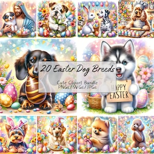 Pacchetto di clipart di razze di cani pasquali carini, immagini clipart ad acquerello, 20 PNG/SVG/JPG di alta qualità, creazione di carta digitale, creazione di cartoline