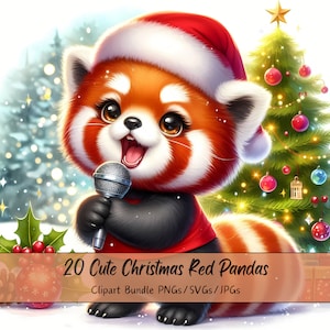 Leuke kerst rode panda clipartbundel, xmas panda clip art afbeeldingen, aquarel dierenbestanden van hoge kwaliteit, feestelijke dierenafbeelding, winter