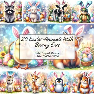 Niedliche Ostertiere mit Hasenohren Clipart, lustige Aquarell Tierbilder, hochwertige Bündel, digitaler Download Grafik, Clip Art