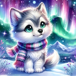 May include: A cute cartoon husky puppy with gray and white fur, wearing a colorful scarf. The background features a snowy landscape with the aurora borealis in shades of purple, green, and blue. The puppy has large, bright green eyes.