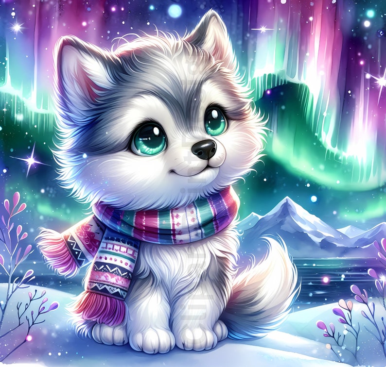 May include: A cute cartoon husky puppy with gray and white fur, wearing a colorful scarf. The background features a snowy landscape with the aurora borealis in shades of purple, green, and blue. The puppy has large, bright green eyes.