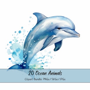 Watercolor Ocean Animals Clipart Bundle, 20 Cute Sea Animals, Nursery Bundle, Underwater Sea Life, 300 Dpi PNGs/SVGs/JPGs, Commercial Use