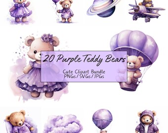 Purple Watercolor Teddy Bear Clipart, 20, PNGs/JPGs/SVGs, Cute Baby Shower Clipart, Commercial Use, Digital Download, Aeroplane, Balloons