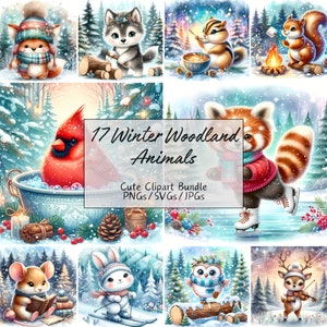 Lindo paquete de imágenes prediseñadas de animales del bosque de invierno, imágenes festivas de imágenes prediseñadas de acuarela, animal bebé, 17 PNG/SVG/JPG de alta calidad, diario basura