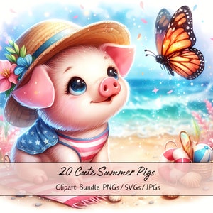 Lindo paquete de imágenes prediseñadas de cerdos de verano, imágenes prediseñadas de cerdos de acuarela, archivos de animales de alta calidad, divertidos gráficos de animales digitales, descarga de cerdos