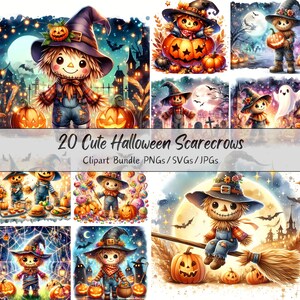 Op de afbeelding: Een set van 20 digitale clipart-afbeeldingen met schattige Halloween-vogelsverschrikkers in verschillende poses en omgevingen. De vogelsverschrikkers zijn verkleed en houden pompoenen, snoepjes en andere Halloween-thema-items vast. De afbeeldingen zijn perfect voor het maken van Halloween-knutsels, kaarten en decoraties.