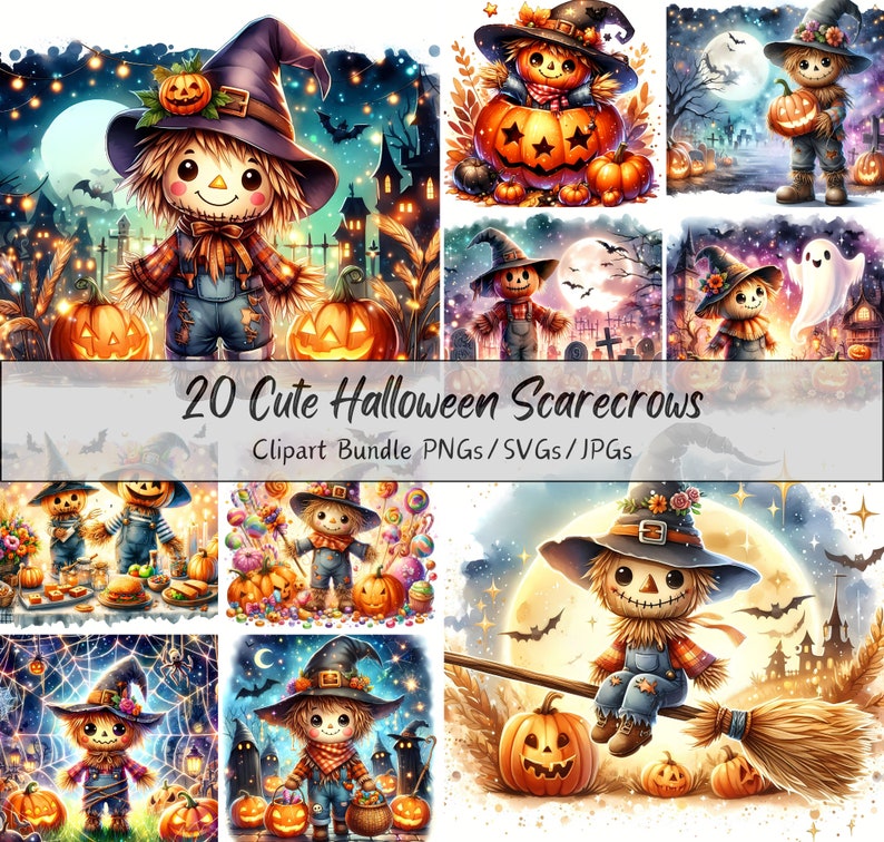 Op de afbeelding: Een set van 20 digitale clipart-afbeeldingen met schattige Halloween-vogelsverschrikkers in verschillende poses en omgevingen. De vogelsverschrikkers zijn verkleed en houden pompoenen, snoepjes en andere Halloween-thema-items vast. De afbeeldingen zijn perfect voor het maken van Halloween-knutsels, kaarten en decoraties.