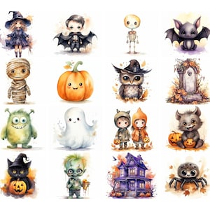 133 śliczne akwarelowe Halloweenowe cliparty, bardzo śliczne mega Halloweenowe, 300 Dpi PNG/JPG/SVG, czarownica, duch, dynia, wampir