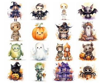 133 schattige aquarel Halloween clipart bundel, zeer schattige Mega Halloween bundel, 300 Dpi PNGs/JPGs/SVGs, heks, geest, pompoen, vampier
