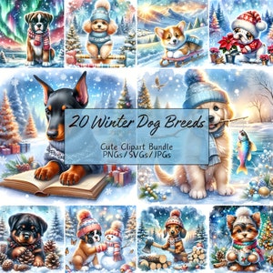 Niedliches Winter Hunderassen Clipart Bundle, festliche Aquarell Clip Art Bilder, 20 verschiedene Hunderassen, hochwertige PNGs / JPGs / SVGs, Bilder