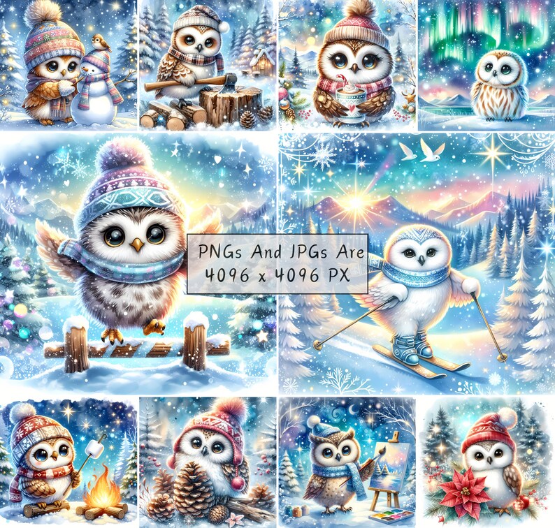 Cute Winter Owl Clipart Bundle, Festive Watercolor Clip Art Images, 20 ...