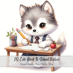 Süßes Back to School Wölfe Clipart Bundle, Aquarell Wolf ClipArt Bilder, hochwertige Tierdatei, digitale Lehrer Tiergrafiken,