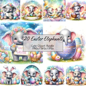 Süße Ostern Elefant Clipart, lustige Aquarell Tier Bilder, hochwertige Bundle, Digital Download Grafik, 20 digitale Kunstdateien, Tiere