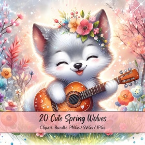 Bundle de cliparts mignon printemps loups, Images clipart aquarelle, fichiers loup de haute qualité, graphiques numériques animaux drôles, téléchargement unique
