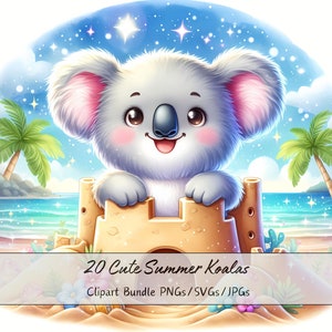 Lindo paquete de imágenes prediseñadas de koalas de verano, imágenes prediseñadas de koala de acuarela, archivos de animales de alta calidad, gráficos de animales digitales, descarga única
