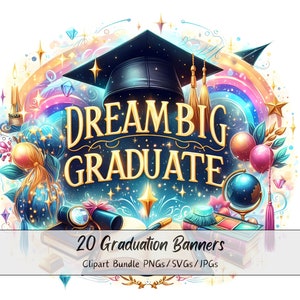 Paquete de imágenes prediseñadas de banners de graduación, imágenes prediseñadas de acuarela, archivos de posgrado de alta calidad, descarga de gráficos de felicitaciones digitales, tarjeta