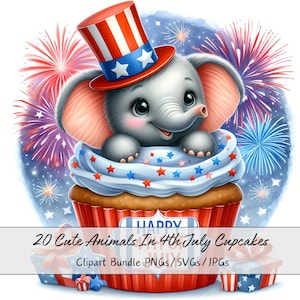 Animales lindos en el paquete de imágenes prediseñadas de cupcakes del 4 de julio, animales patrióticos de acuarela, imágenes prediseñadas de alta calidad, día de la independencia estadounidense feliz